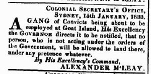 Notice about Goat Island from 1833